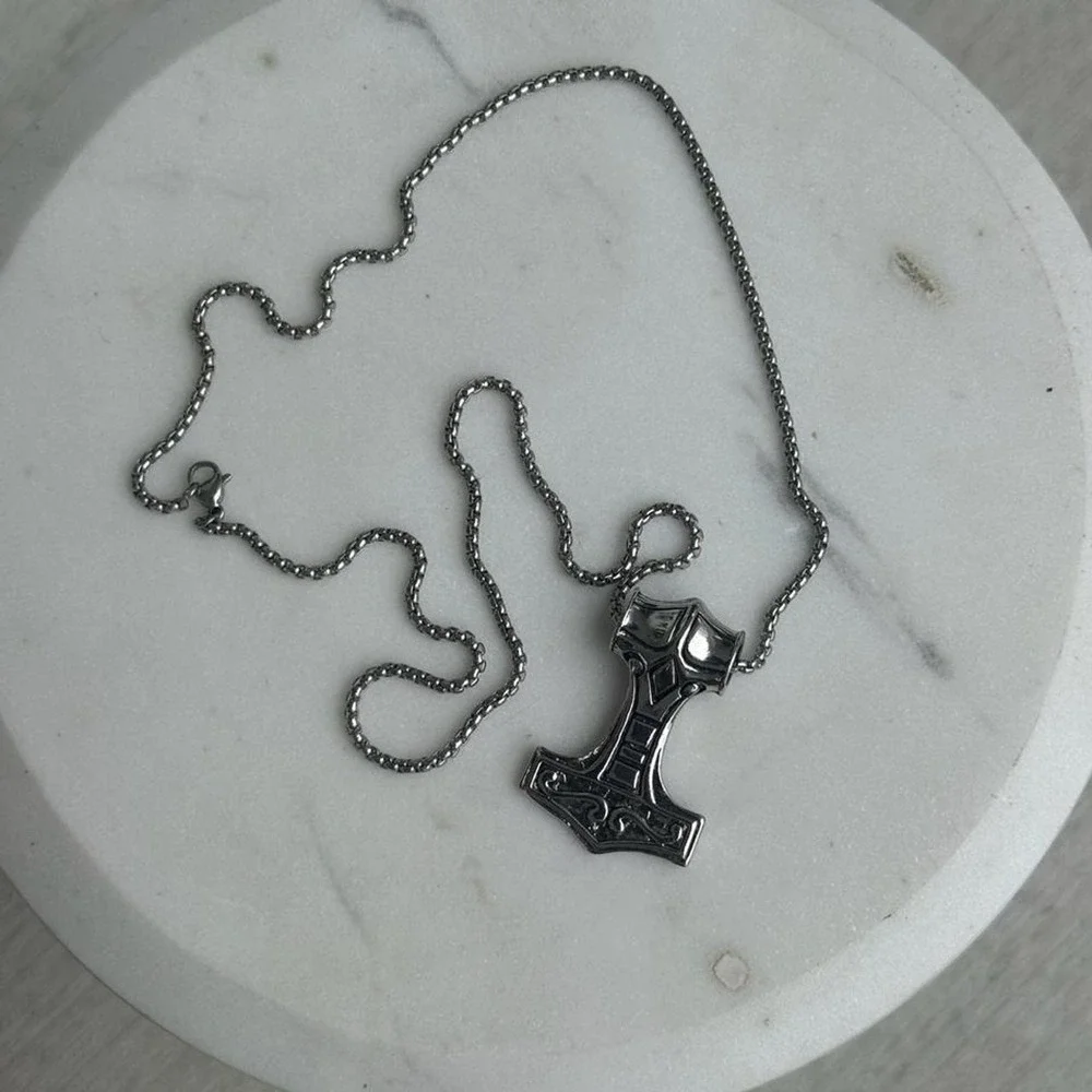 Silver Thor Hammer Mjolnir Pendant Necklace Norse Jewelry 24 Inch Chain Mens